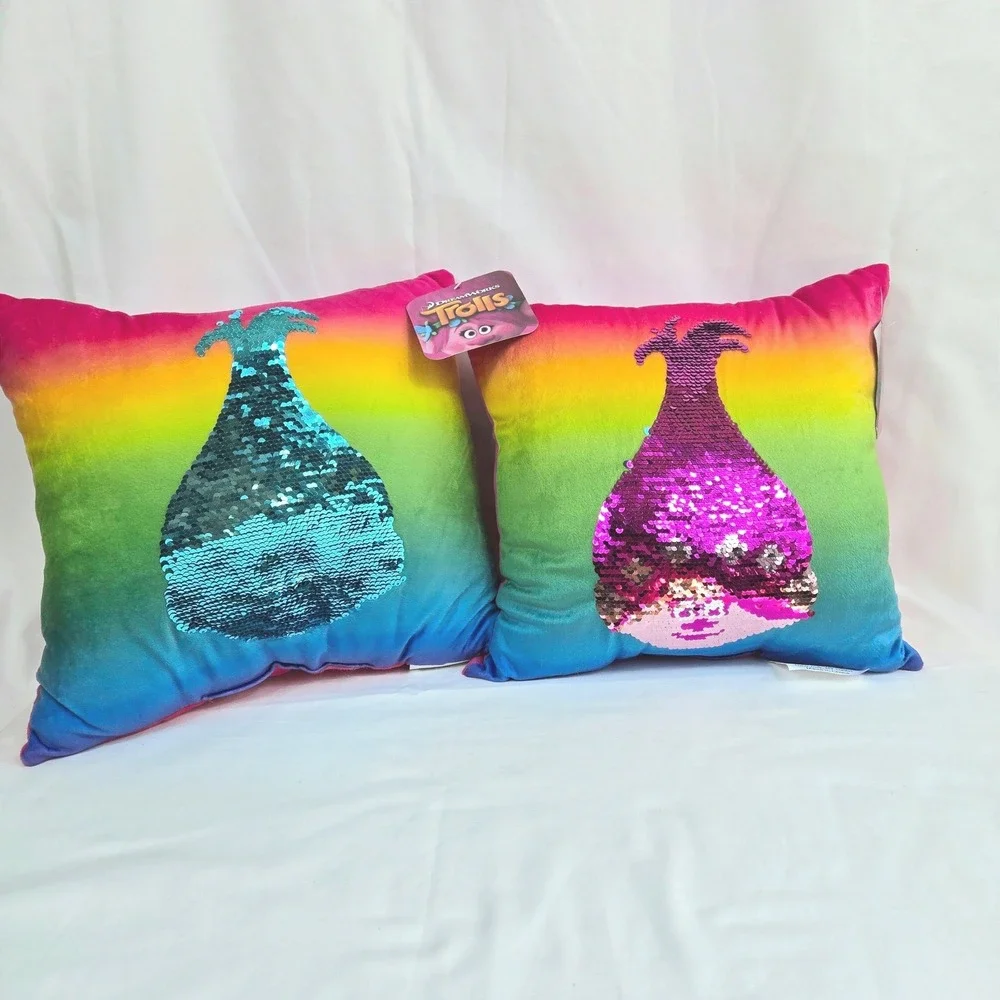DreamWorks Trolls Poppy Pink Rainbow Reversible Sequin Plush Pillow 2Pc Set NEW
